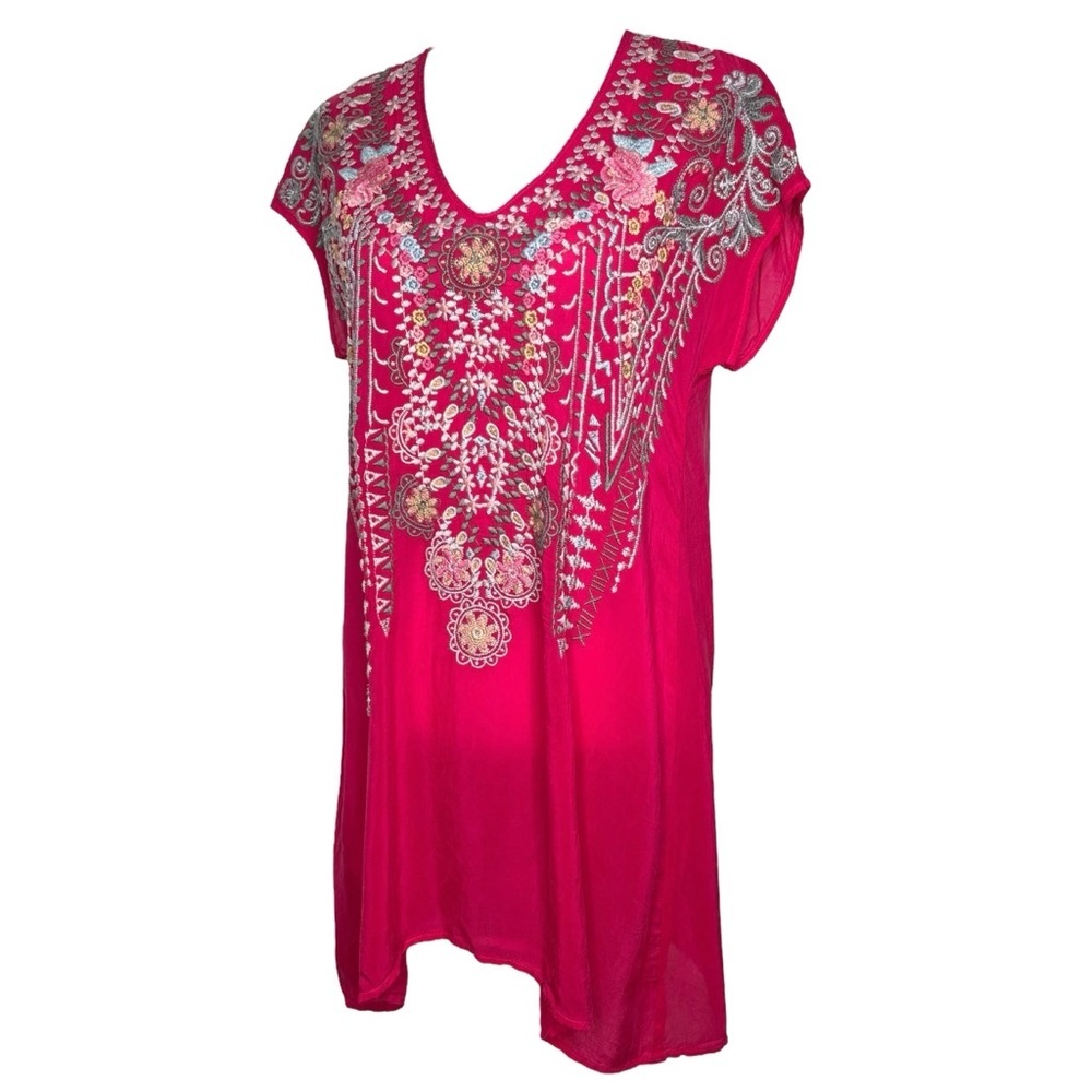 Johnny Was Floral Embroidered Boho Tunic Karineh Pomegranate Pink Fairy Top - Picture 4 of 13